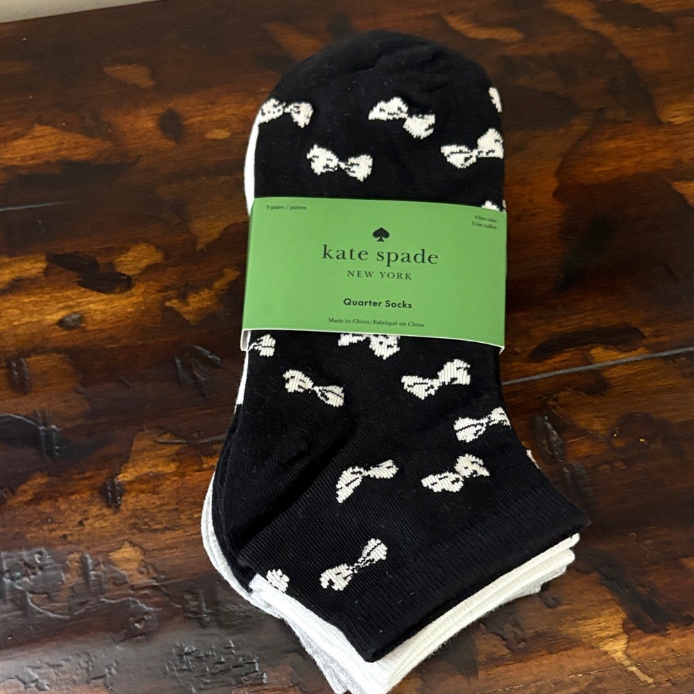 🎀Kate Spade 3 Pairs Black Socks with White Bow Design, White, Grey